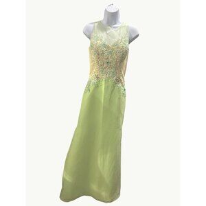 Appliqué Green Beaded Evening Gown Sheer Bodice Embellished Floral Pattern